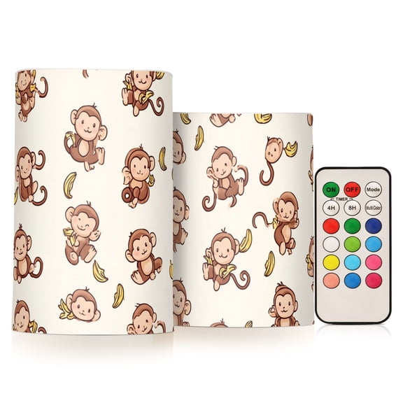 Monkey and Banana Flickering Flameless Candles Battery Operated with Remote Timer LED Pillar Candles Set of 2