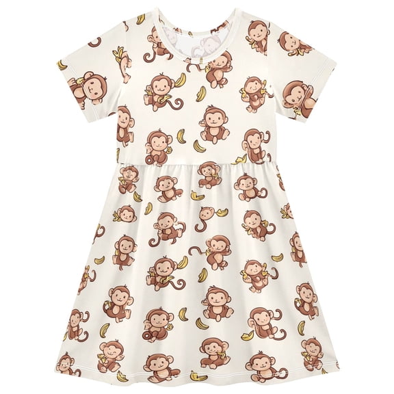 Monkey and Banana Short Sleeve Dress A-Line Cute Midi Casual Sundress 2-8 Years
