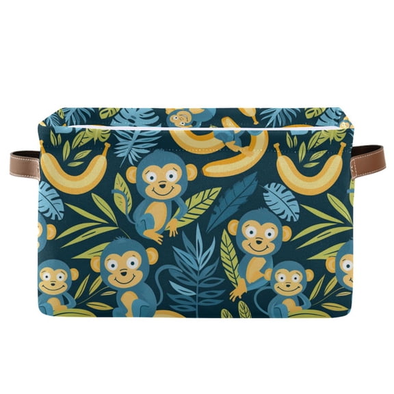 Monkey and Banana Storage Bins with Handle Fabric Organizer Basket Foldable Box 1 Pack 14.2x10.2x8.3