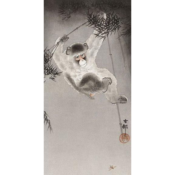 Monkey, hanging from bamboo branch by Ohara Koson (18 x 36)