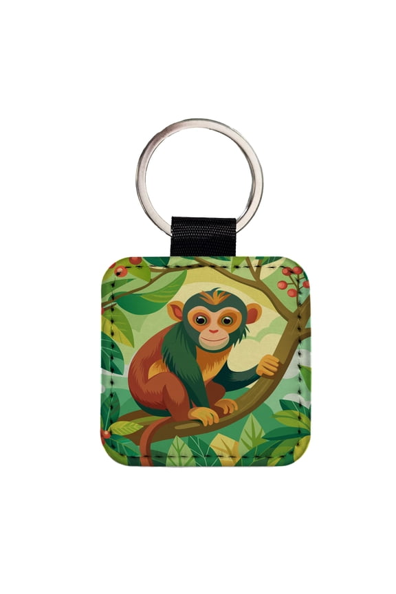 Monkey in Tree Faux Leather Square Keychain