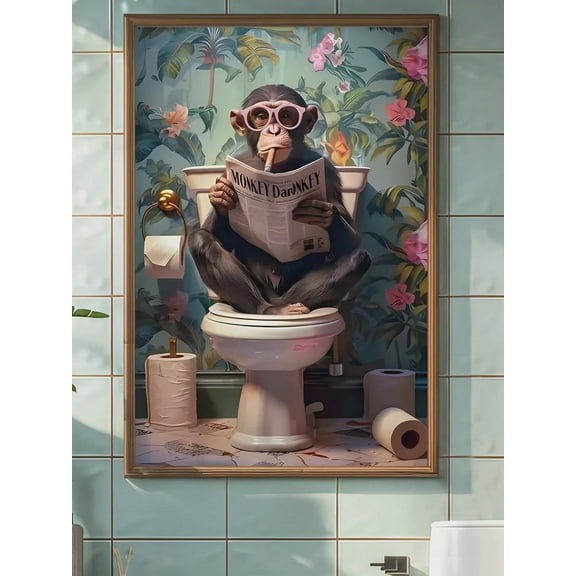 Monkey on Toilet Funny Bathroom Wall Art Poster, 12x18 UNFRAMED