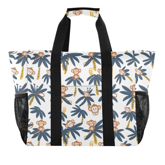 Monkey on Tree Reusable Grocery Bags with Handle Side Pocket Waterproof Shopping Portable Tote
