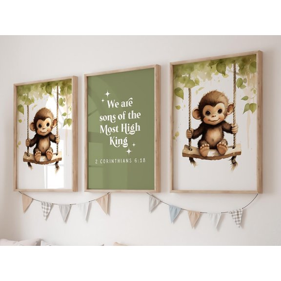 Monkey on a swing Christian Twin Boy Nursery Decor Son of the Most High King Two brothers Twins Set 3 Unframed Paper Print 8x12
