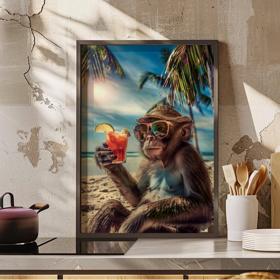 Monkey on the Beach Poster Print Monkey Cocktail Art Print Monkey on Vacation Wall Art Modern Maximalist Animal Monkey Bar Cart Unframed Paper Print