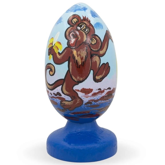 Monkey under Palm Eating Bananas Wooden Figurine