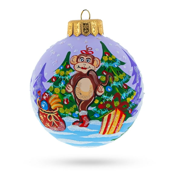 Monkey with Christmas Gifts Glass Ball Christmas Ornament 4 Inches