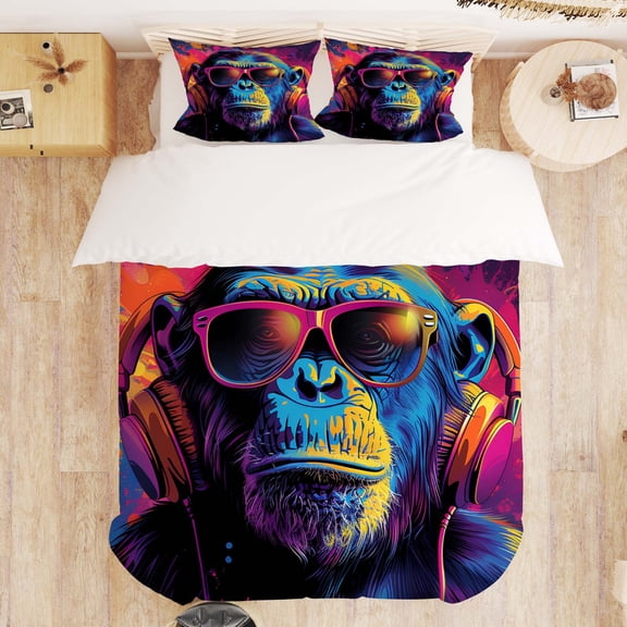 Monkey with Headphones Bedding Set, Cartoon Animal Quilt Set Bedding Set, Suitable for Men and Women's Bedrooms