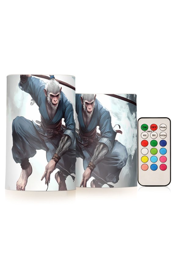 Monkey with Rod Flickering Flameless LED Candles set of 2 Battery Operated 18-Key Remotes Timer Halloween Fall Decor D3''xH4''5''