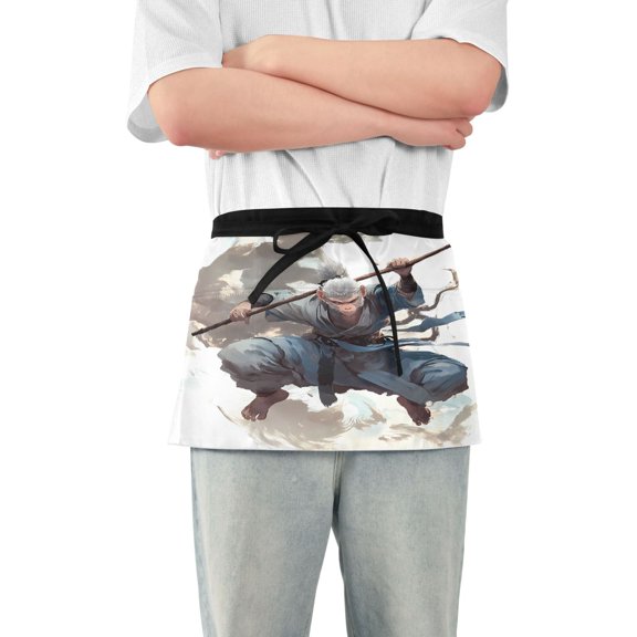 Monkey with Stick Server Apron with 3 Pockets Waterproof Waitress Waist Short Apron for Man Woman 12 Inches