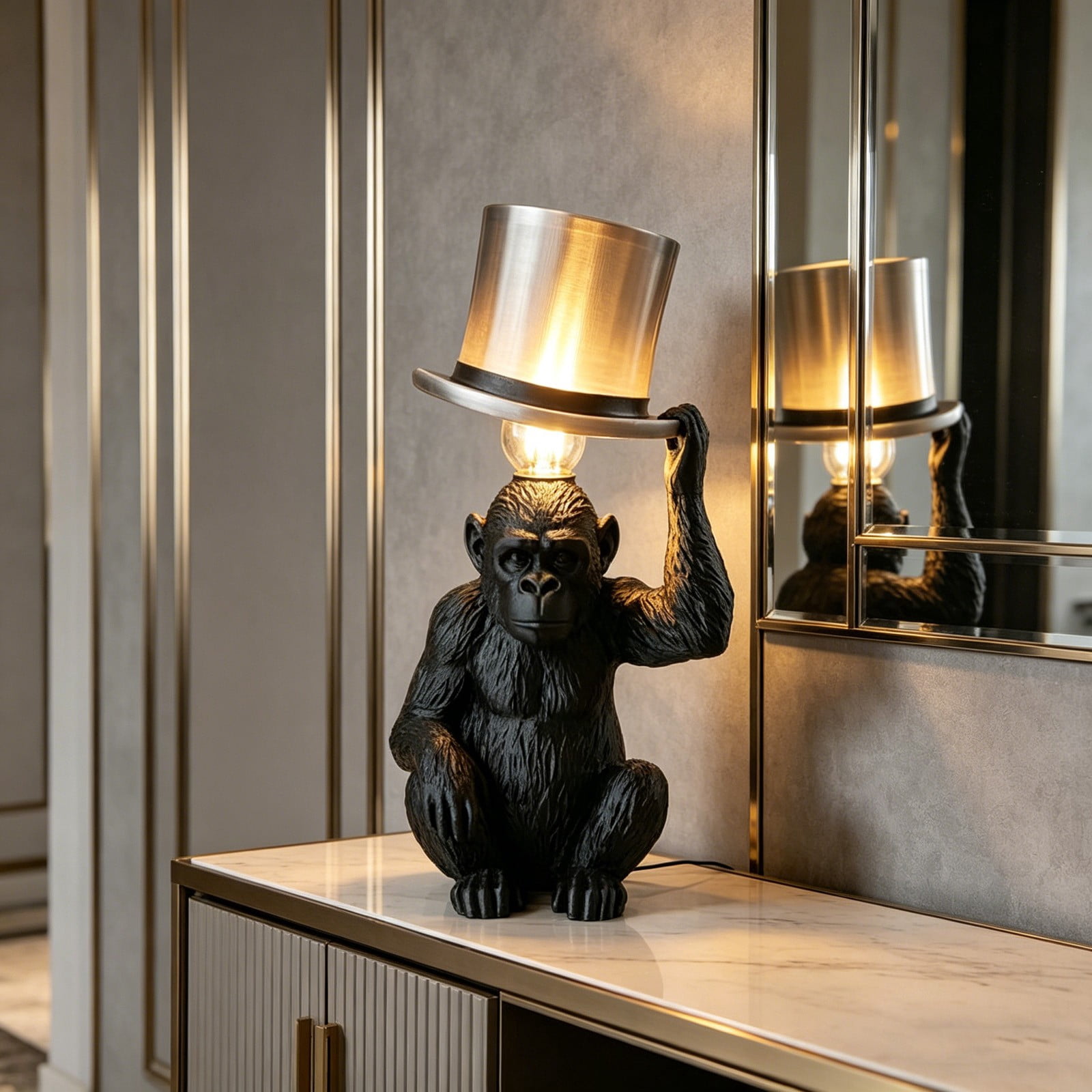 Monkey with Top Hat Table Lamp, Whimsical Gorilla Night Light for Living Room, Bedroom & Office Decor