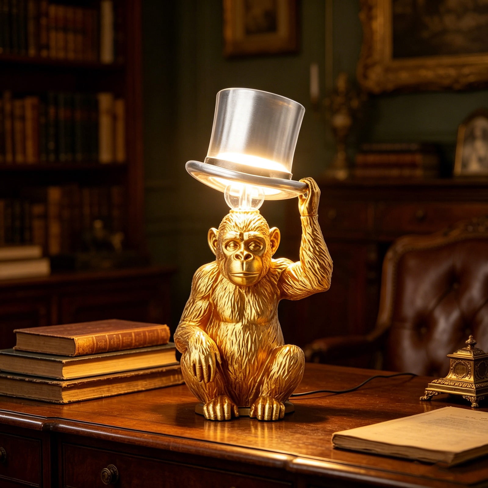 Monkey with Top Hat Table Lamp, Whimsical Gorilla Night Light for Living Room, Bedroom & Office Decor
