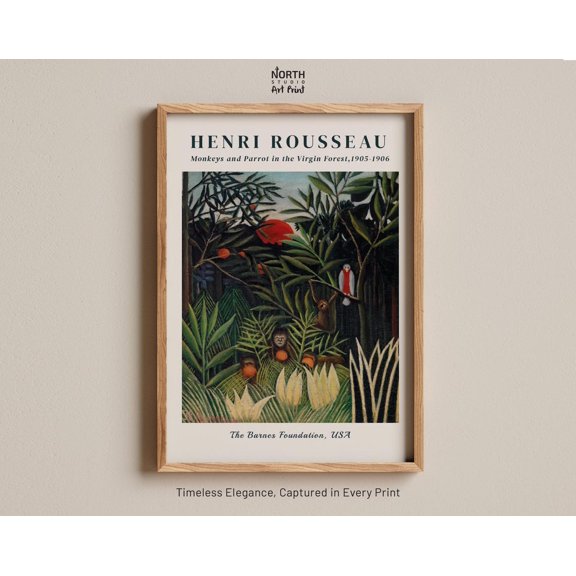Monkeys And Parrot In The Virgin Forest Print, Henri Rousseau 1905 Print, Lush Tropical Foliage Wall Decor, Whimsical Naïve Nature Scene Wall Art, Modern Wall Decor, 8x12 UNFRAMED