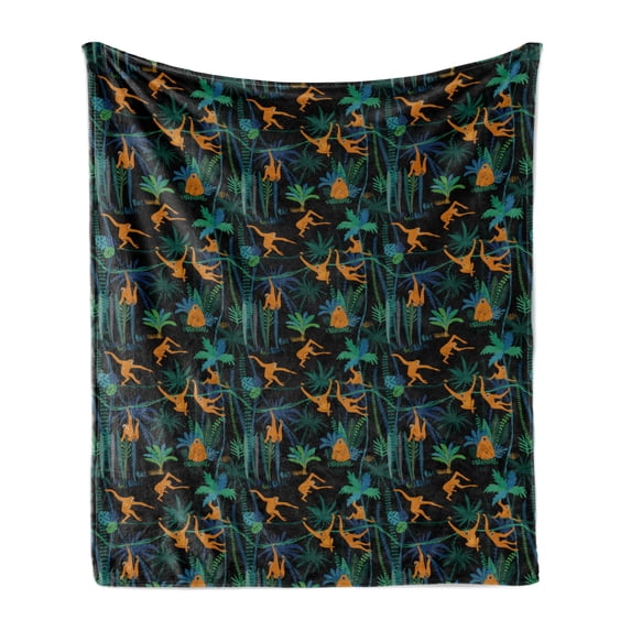 Monkeys Soft Flannel Fleece Throw Blanket, Wildlife Composition of Animals in a Jungle, Cozy Plush for Indoor and Outdoor Use, 70" x 90", Charcoal Grey Multicolor, by Ambesonne
