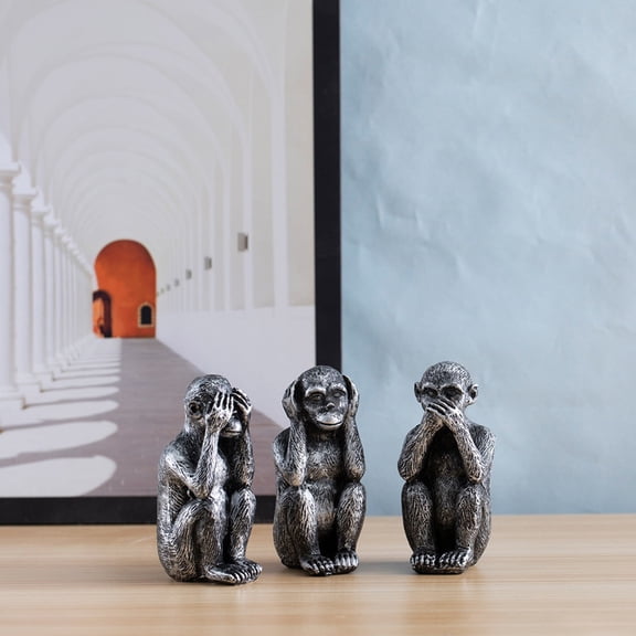 Monkeys Statue Set of 3- Resin Monkey Figurines for Office and Home Decor - Memorable Gift Option - Silver