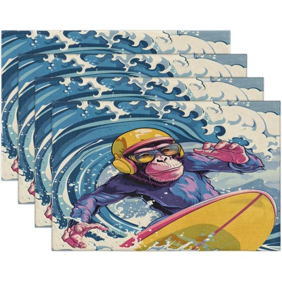 Monkeys Surfing Placemats Set of 4 Linen Fabric Place Mats Heat Resistant Machine Washable Placemats Non-Slip Place Mat for Kitchen Dining Table
