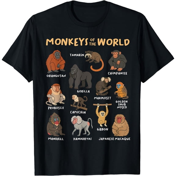 Monkeys of the World Educational Animal Ape Collection Types T-Shirt, Unisex T-Shirt