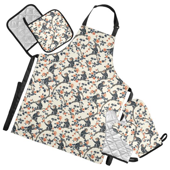Monkeys on Branches with Flowers 5 Pcs Kitchen Set Heat Resistant Oven Mitts and Non-Slip Pot Holders with Adjustable Cooking Apron
