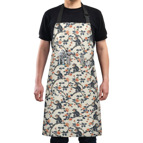 Monkeys on Branches with Flowers Kitchen Apron with 2 Pockets Adjustable waterproof Cooking Aprons for Women Men Chef