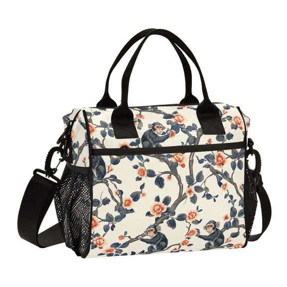Monkeys on Branches with Flowers Lunch Bag Insulated Lunch Box Leakproof Reusable Cooler Tote Adjustable Shoulder Strap for Men Women 9L