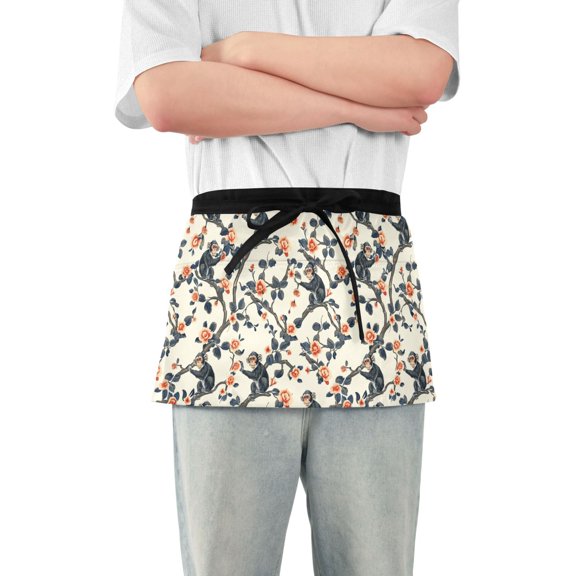 Monkeys on Branches with Flowers Server Apron with 3 Pockets Waterproof Waitress Waist Short Apron for Man Woman 12 Inches