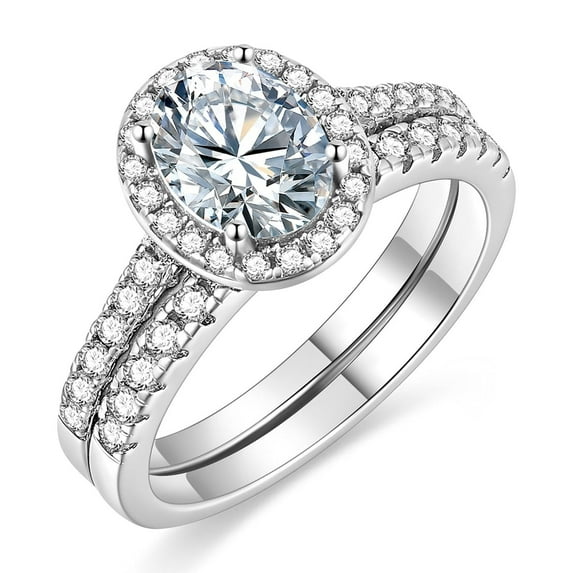 EAMTI 925 Sterling Silver Cubic Zirconia Two-in-One Bridal Rings Sets 1.5CT Oval Cut Halo Wedding Engagement Promise Eternity Ring for Women Size 10