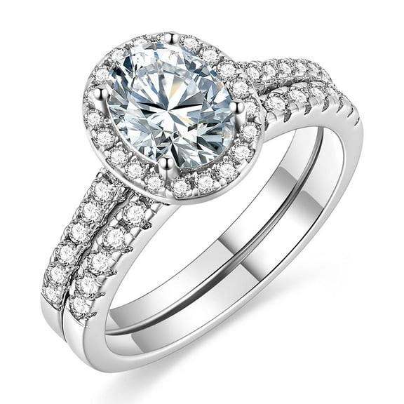 EAMTI 925 Sterling Silver Cubic Zirconia Two-in-One Bridal Rings Sets 1.5CT Oval Cut Halo Wedding Engagement Promise Eternity Ring for Women Size 9