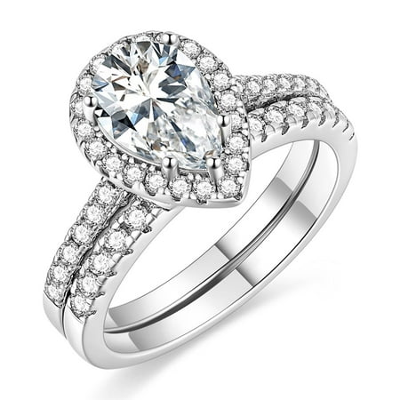 EAMTI 925 Sterling Silver Cz Teardrop Halo Bridal Wedding Rings Set for Women, Size 10