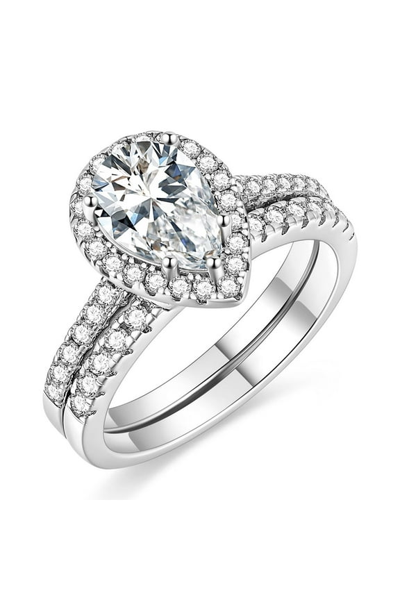 925 Sterling Silver Cubic Zirconia Two-in-One Bridal Rings Sets 1.5CT Teardrop Halo Wedding Engagement Promise Eternity Ring for Women Size 10