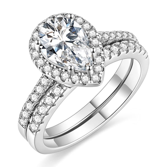 EAMTI 925 Sterling Silver Cubic Zirconia Two-in-One Bridal Rings Sets 1.5CT Teardrop Halo Wedding Engagement Promise Eternity Ring for Women Size 5