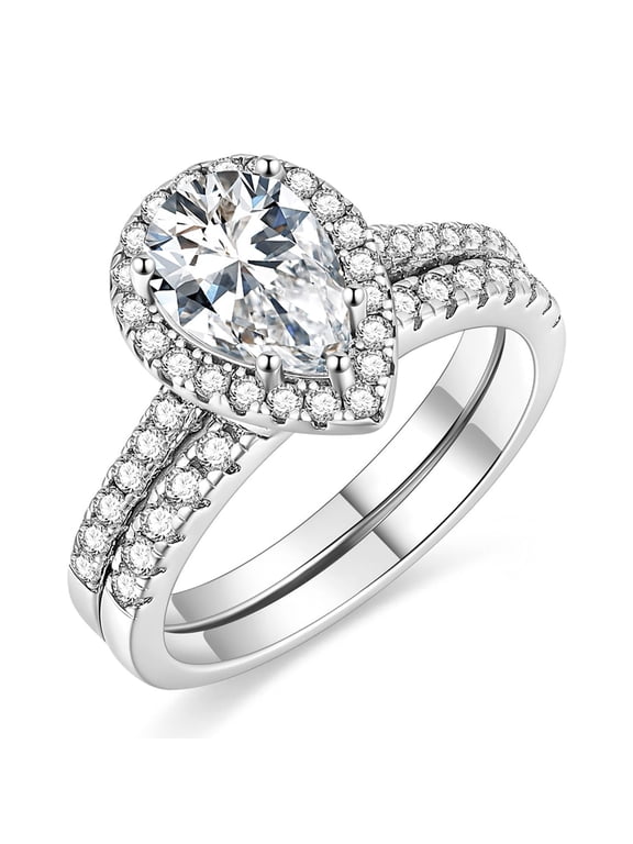 925 Sterling Silver CZ Teardrop Halo Wedding Engagement Promise Eternity Ring Set, Size 8 (Women's)