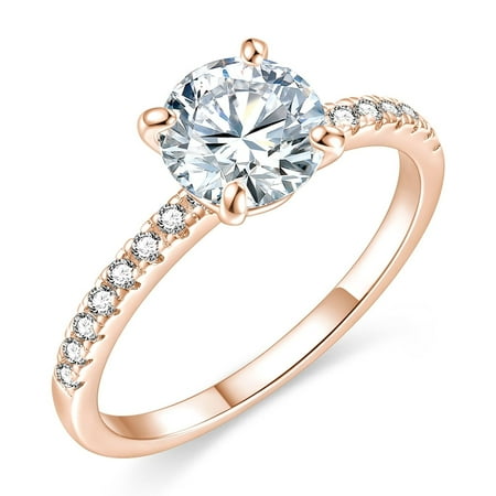 EAMTI 925 Sterling Silver Engagement Rings for Women 1.25CT Round Cut Solitaire Cubic Zirconia CZ Promise Rings Wedding Band for Her Rose Gold, Size 5