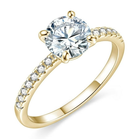 EAMTI 925 Sterling Silver Engagement Rings for Women 1.25CT Round Cut Solitaire Cubic Zirconia CZ Promise Rings Wedding Band for Her Yellow Gold, Size 9.5