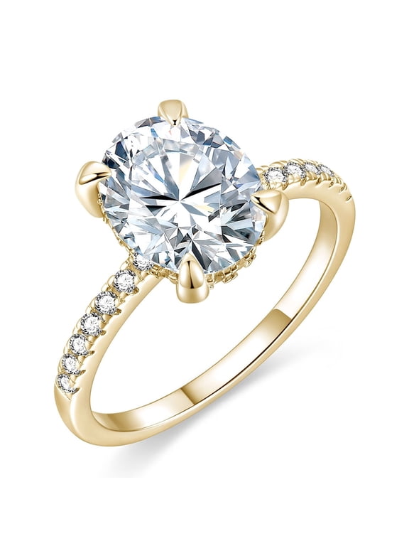925 Sterling Silver Engagement Rings for Women 3CT Oval Cut Solitaire Cubic Zirconia CZ Promise Rings Wedding Band for Her Yellow Gold, Size 4