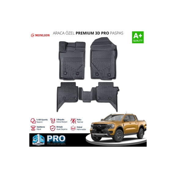 Monlion All-Weather Floor Mats for Ford Ranger , 2023, Black TPE, 4 Piece Set