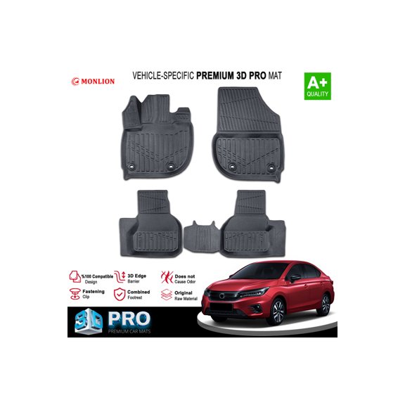 Monlion All-Weather Floor Mats for Honda City, 2021, Black TPE, 4 Piece Set