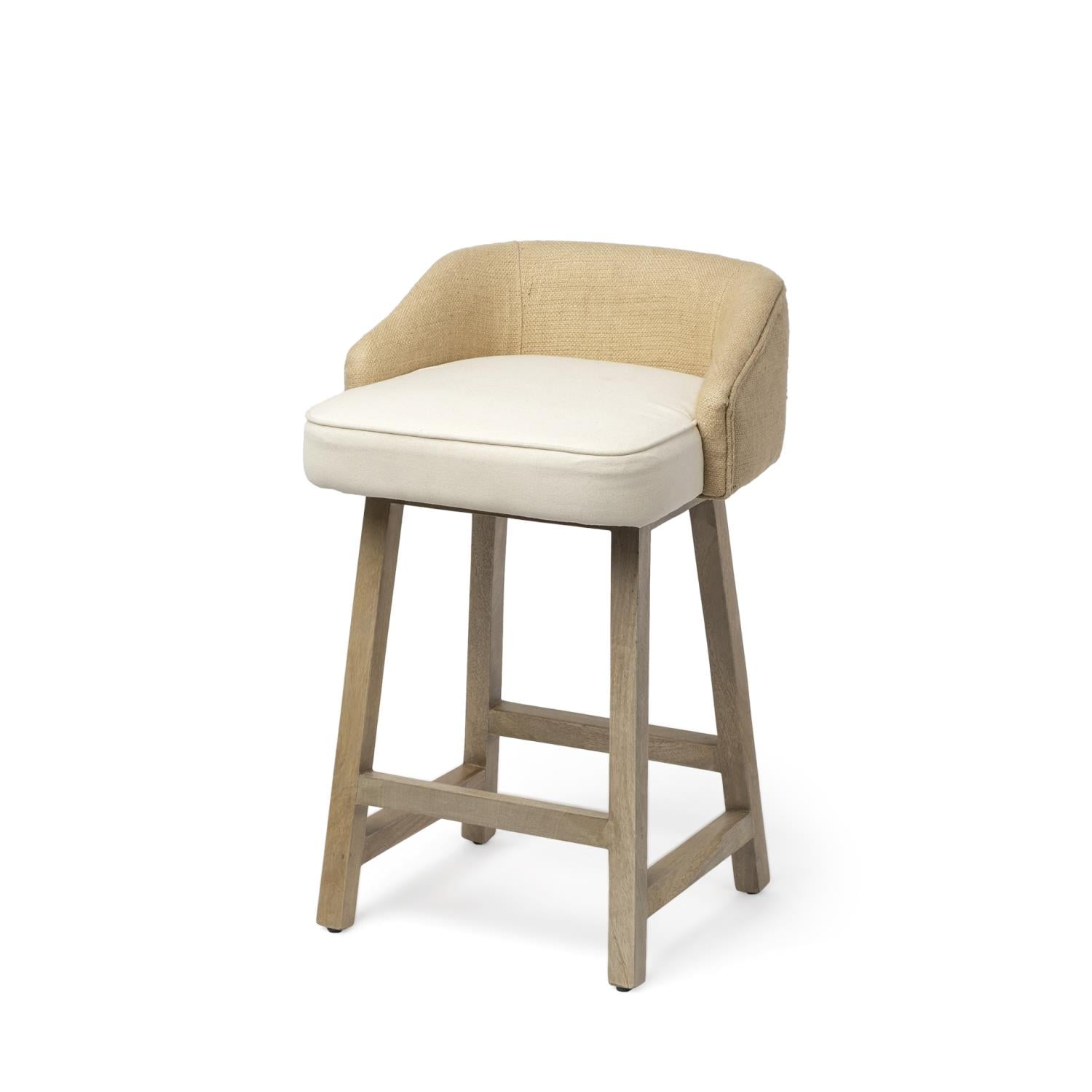 Monmouth Cream Fabric and Jute Low-Back Mango Wood Counter Stool