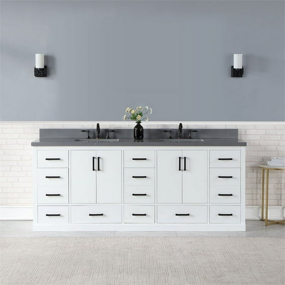 Monna 84" Double Bathroom Vanity Set in White with Concrete Grey Composite Stone Countertop without Mirror