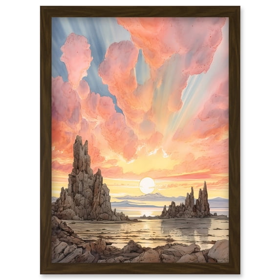 Mono Lake Atmospheric Clouds at Dawn Break Modern Watercolour Painting Artwork Framed Wall Art Print A4