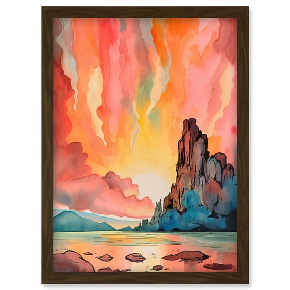 Mono Lake Atmospheric Pink Sky Sunset Clouds Vibrant Lakescape Modern Watercolour Painting Artwork Framed Wall Art Print A4