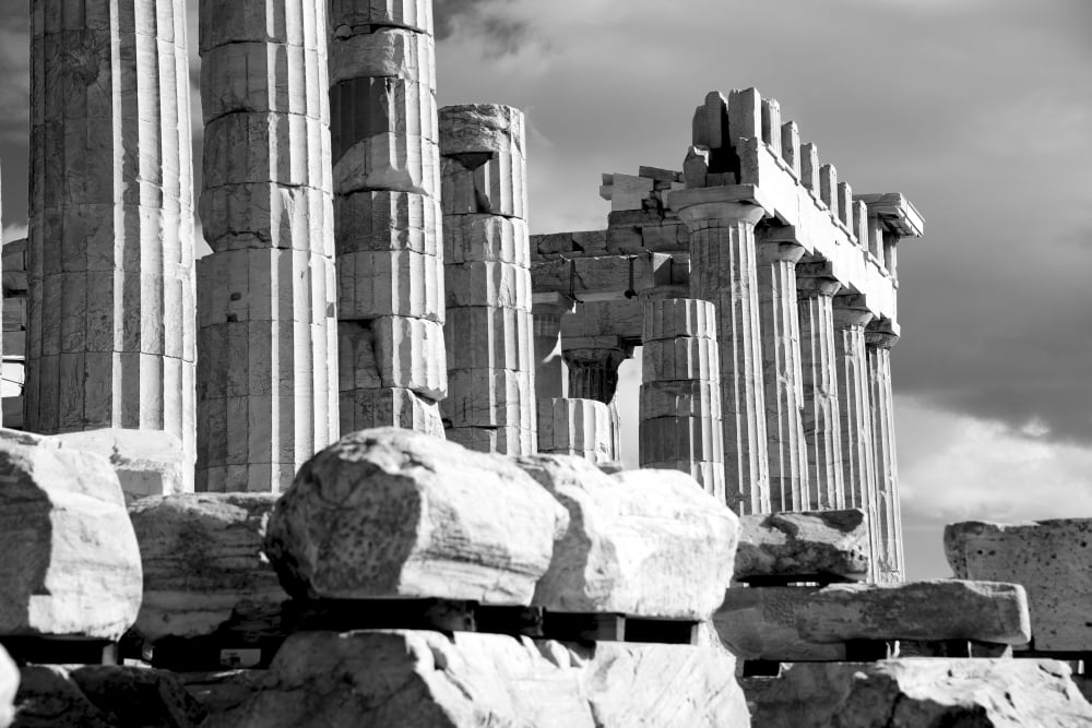 Mono piles of stones before ruined Parthenon Athens Attica Greece Canvas Art - Nick Dale Design Pics (18 x 12)