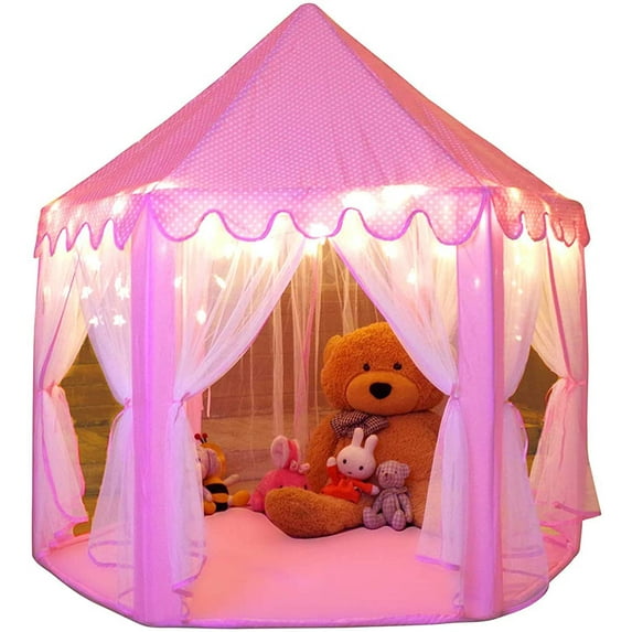 monobeach kids play house princess tent - indoor and outdoor hexagon pink castle play tent for girls with light