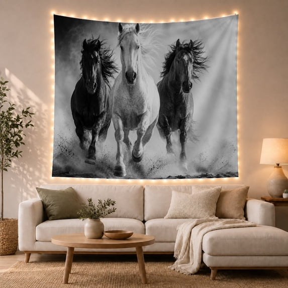 Monochromatic Dynamic Horses with Powerful Gallop Charging, Mystical Fantasy for Space Lovers, Wall Decor, Housewarming Gift, Tapestry Wall Hanging for Dorm and Living Room