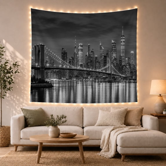Monochromatic Nighttime Cityscape With Art Scene, Mystical Fantasy for Space Lovers, Galaxy Room Decor, Housewarming Gift, Tapestry Wall Hanging for Bedroom and Dorm