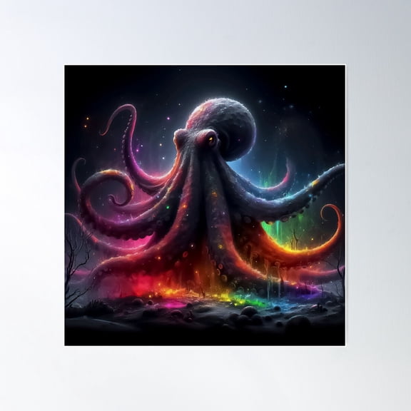 Monochromatic Octopus Within Rainbow Color Splash Poster Wall Art, Modern Wall Decor For Living Room Bedroom, 17x17 UNFRAMED
