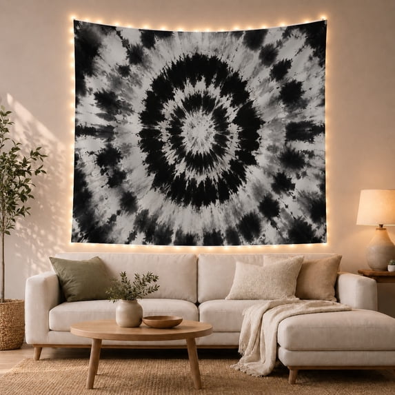 Monochromatic Radial Tie-Dye on White, Mystical Psychedelic for Abstract Art Enthusiasts, Black and White Wall Art, Housewarming Gift Tapestry Wall Hanging for Bedroom and Living Room