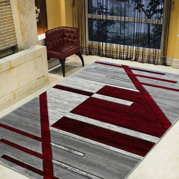 Monochromatic Rug/Linier Design Modern Contemporary Hand Carved Area Rug-Silver/Lava Red/Gray/Black