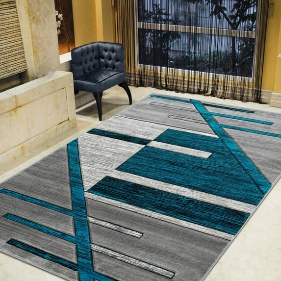 Monochromatic Rug/Linier Design Modern Contemporary Hand Carved Area Rug-Silver/Turquoise/Gray/Black