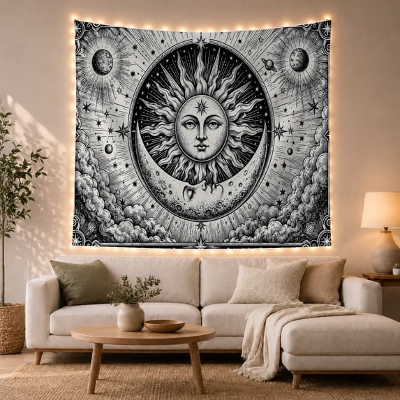 Monochromatic Woodcut Etching With Art Scene, Mystical Fantasy for Space Lovers, Galaxy Room Decor Room Accent, Graduation Gift, Tapestry Wall Hanging for Bedroom and Dorm