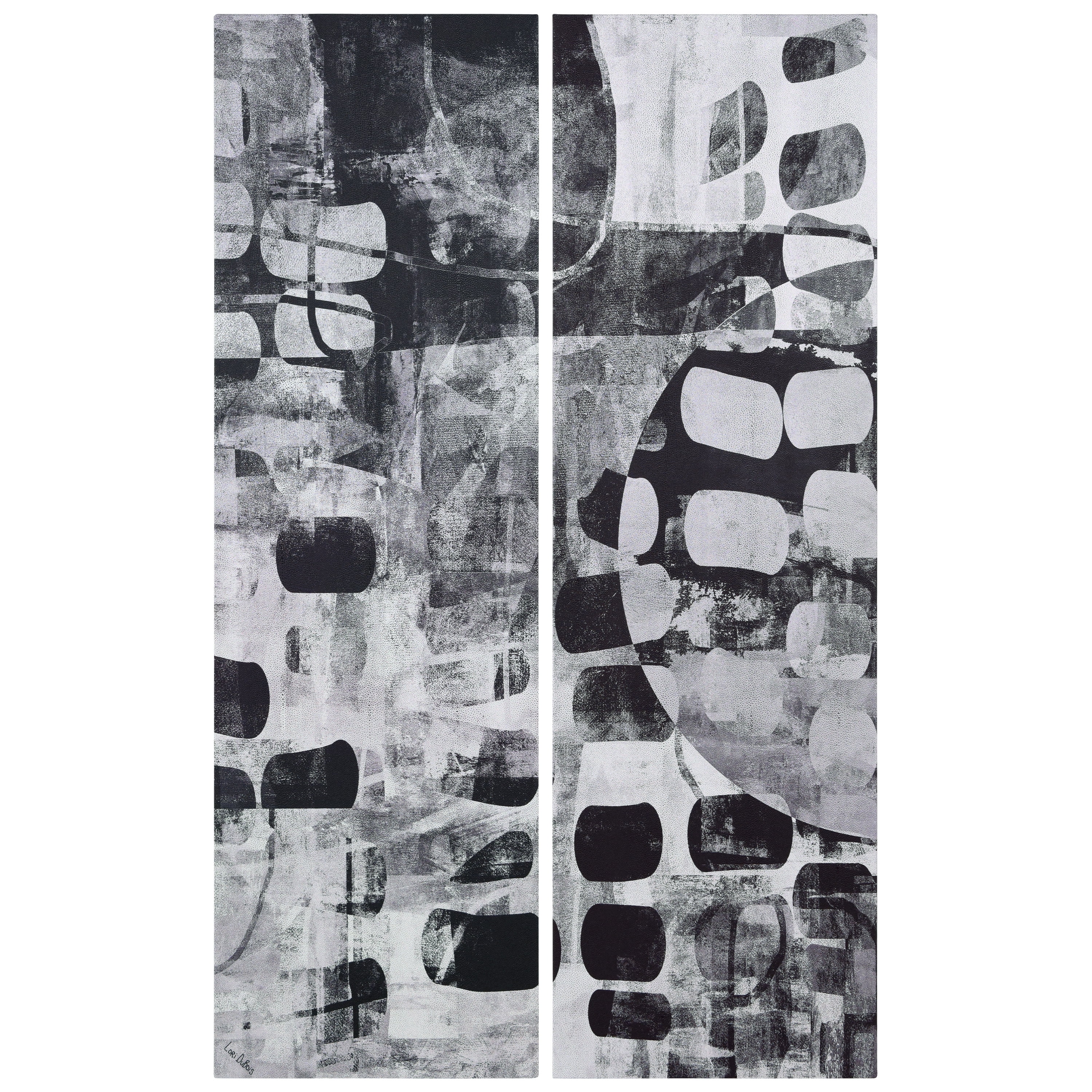 "Monochrome Abstract I & II", Black&White Artwork on Silver Shagreen Wrapped Canvas Wall Art Set, sized 72"x22"